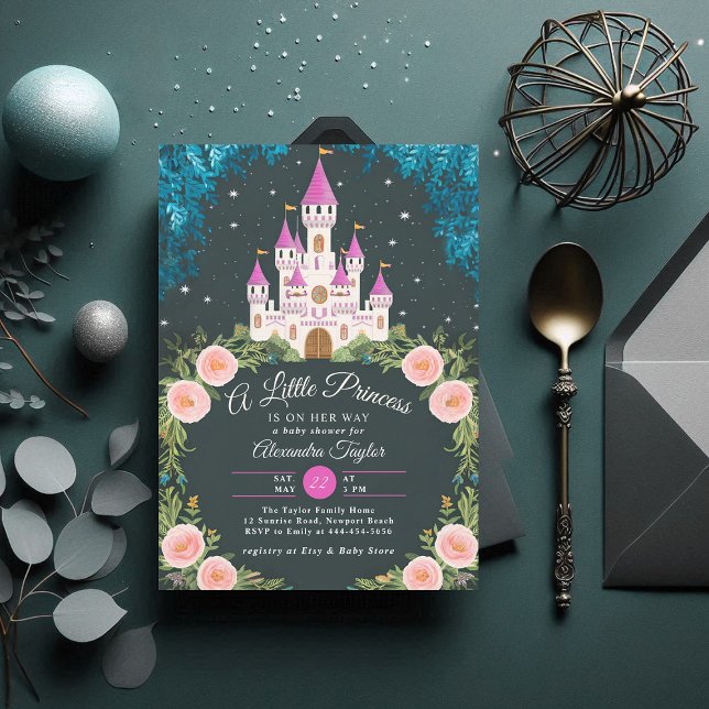 Skogspån i Flicka Inbjudningar (princess girl baby shower invitation enchanted forest magical castle roses frame greenery)