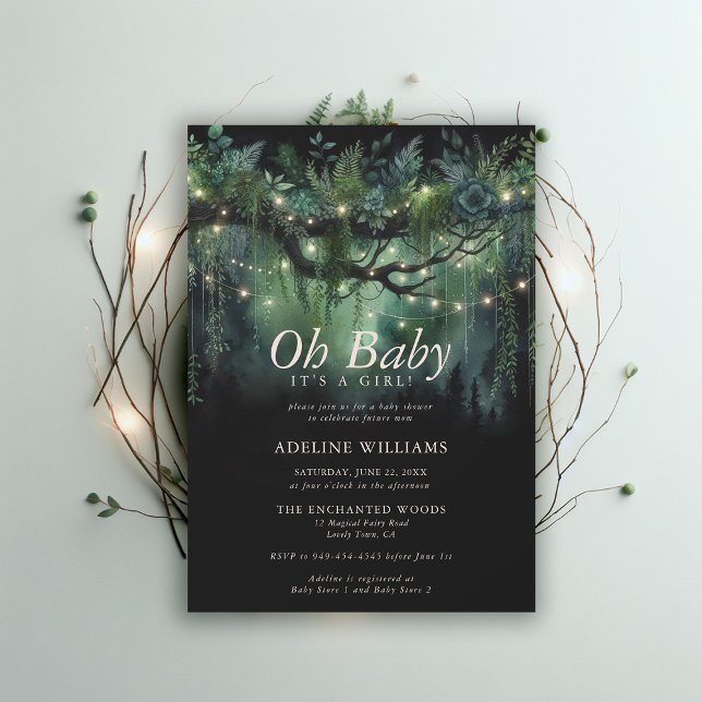 Skogspåskaren Forest Fairy Ljus Woodland Baby Show Inbjudningar (enchanted forest baby shower emerald green magical woodland fairy tale faerie invitation)