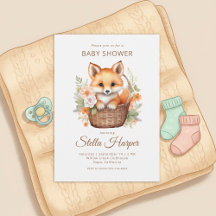 Skogsräv Blommig Flickbaby Babyshower Inbjudan