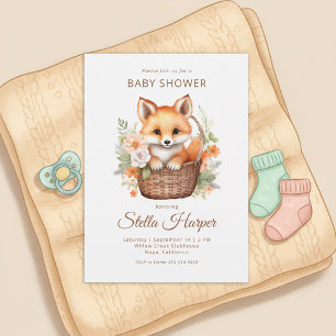 Skogsräv Blommig Flickbaby Babyshower Inbjudan