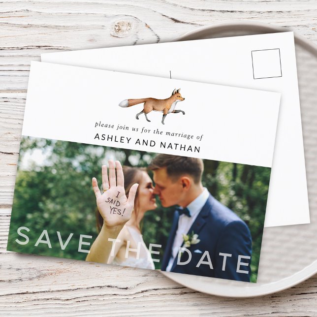 Skogsräv Bröllop Spara Datum Foto Meddelande Vykort (Woodland Fox Wedding Save The Date Photo Announcement Postcard)