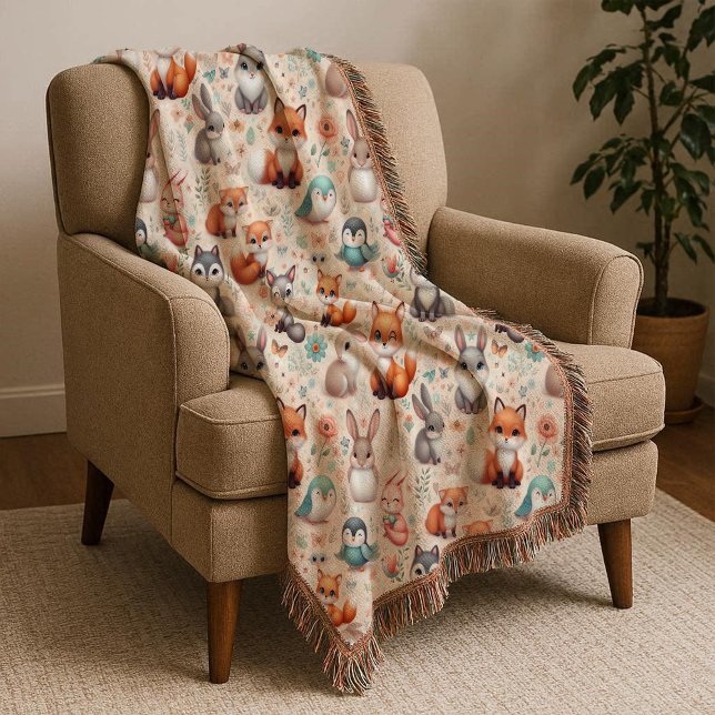 Skogsräv Kanin Akvarell Boho Barnkammarduk Filt (Woodland Fox Bunny Watercolor Boho Nursery Blanket)