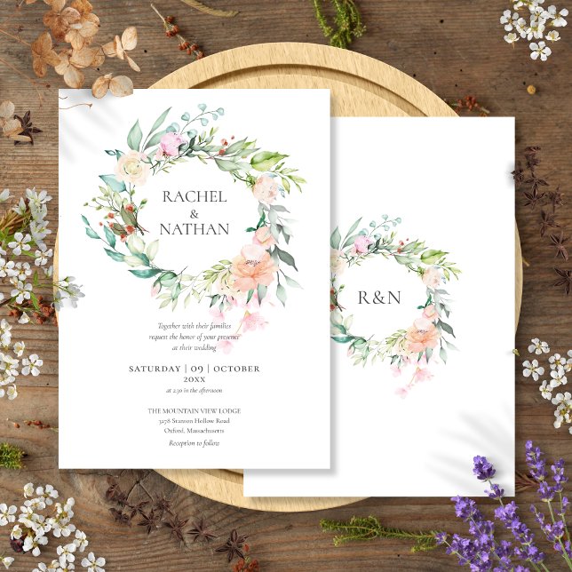 Skogsröjor Grönska Blommig Bröllop Inbjudningar (Woodland Roses Greenery Floral Wedding Invitation)