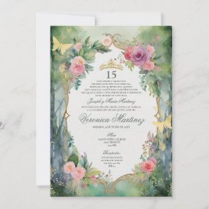 Skogssage grön rosa blommig Sweet 15 Quinceañera Inbjudningar