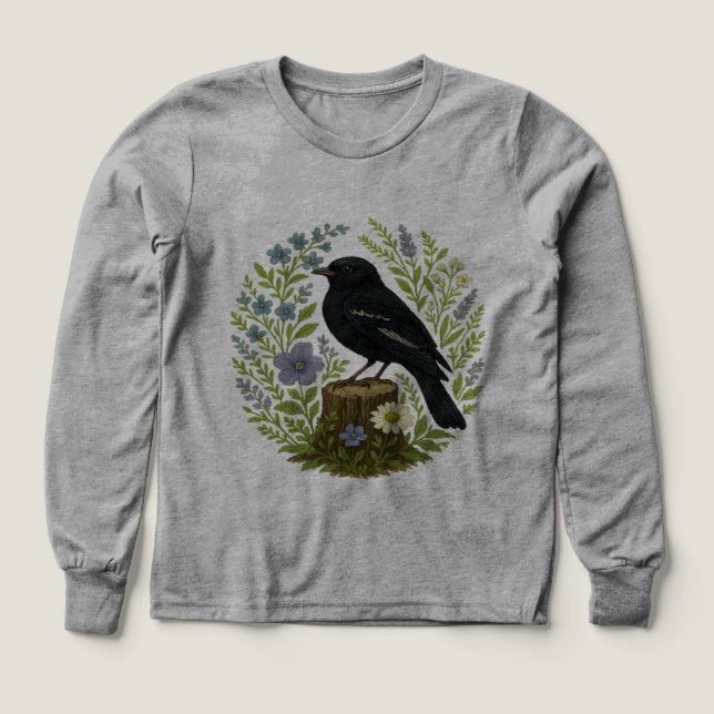 Skogssångfågel & Vildblomma Botanisk Broderi T Shirt (Design framsida)