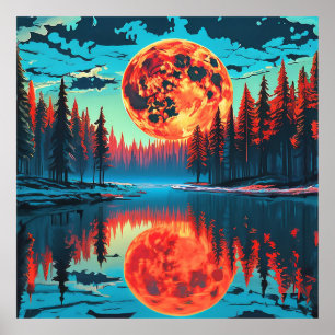 Skogsscen med surreal månreflektion poster