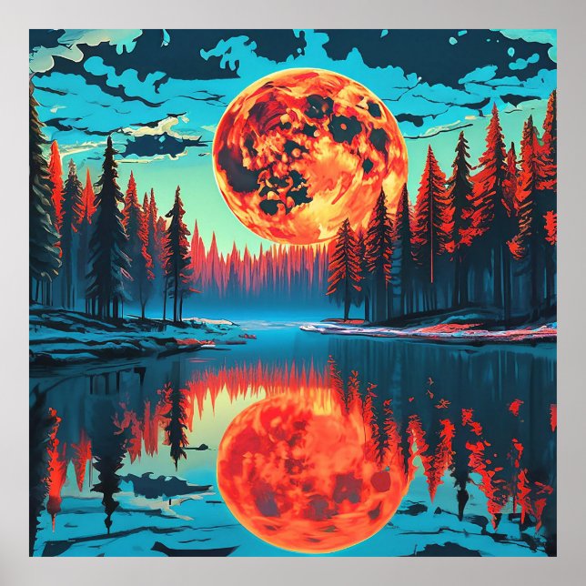 Skogsscen med surreal månreflektion poster (Framsidan)