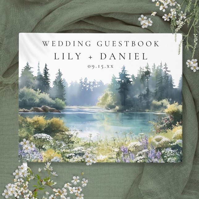Skogssjösidans vilda blommor Blommig Bröllop Gästböcker (Forest Lakeside Wildflowers Floral Wedding Guest Book)