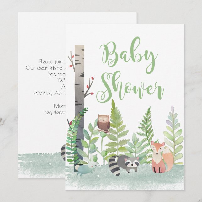 Skogsskog Baby djur Baby Shower Inbjudan (Fram/baksida)