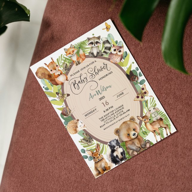 Skogsskog Djurbabyskötare Rustic Greenery Inbjudningar (safari baby animal baby shower jungle african wood land forest nature theme )