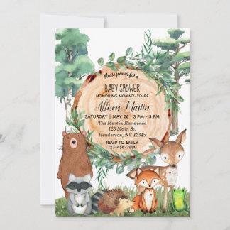 Skogsskog Greenery Vilda djur Baby Shower Inbjudningar