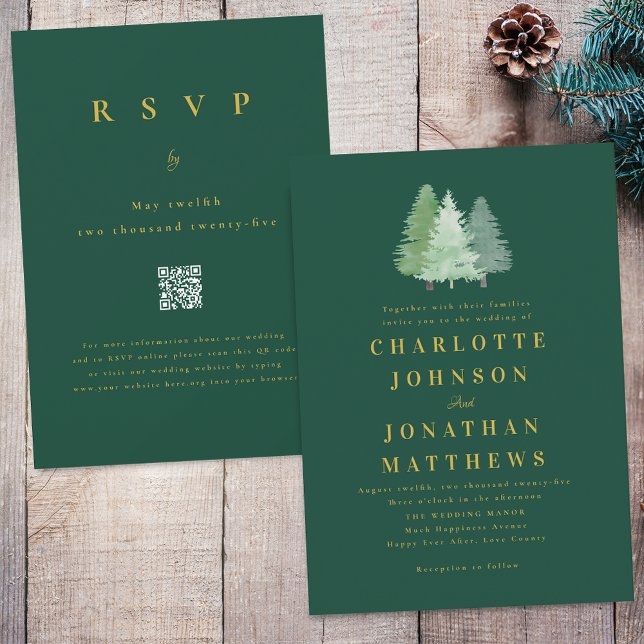 Skogsskog Guld Grönt Bröllop QR-kod för enkel skog Inbjudningar (Simple modern woodland forest gold  Green wedding qr code invitation watercolor evergreen pine trees)