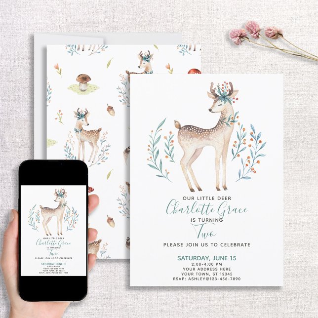 Skogsskog Hjort Baby andra födelsedag Inbjudningar (Skapare uppladdad)