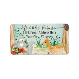 Skogsskog Hjort Fox Uggla Animal Foliage Blue Adressetikett