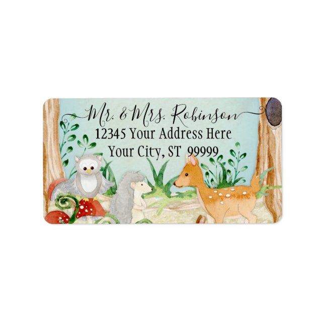 Skogsskog Hjort Fox Uggla Animal Foliage Blue Adressetikett (Framsidan)