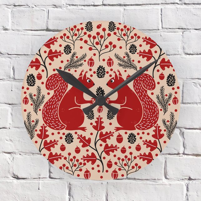 Skogsskog i ekorre rund klocka (Squirrel in the Forest pattern woodland wall clock)