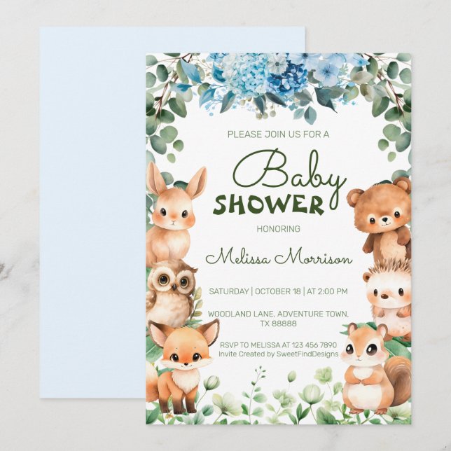 Skogsskogar Djurs Blommigt Greenery Baby Shower Inbjudningar (Fram/baksida)