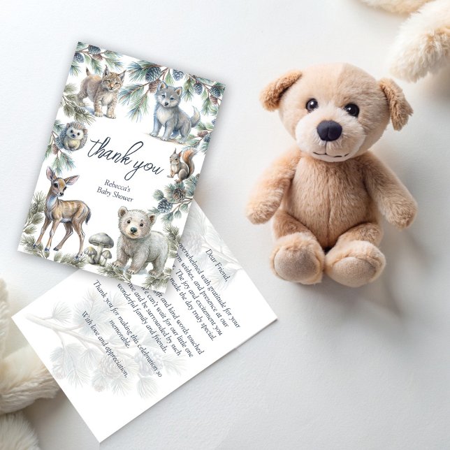 Skogsskogar söt baby djur babydusch tack kort (Woodlands forest cute baby animals baby shower thank you card pastel whimsical woodlands animals)