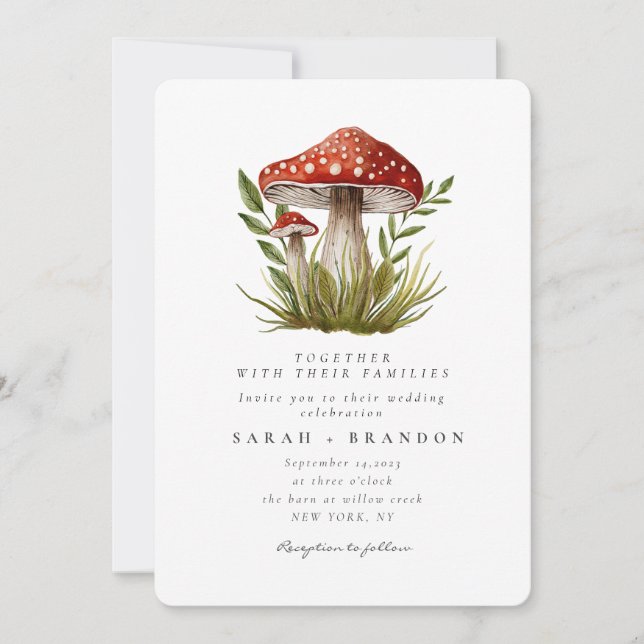 Skogsskogen Watercolor Mushroom Bröllop Inbjudningar (Framsida)