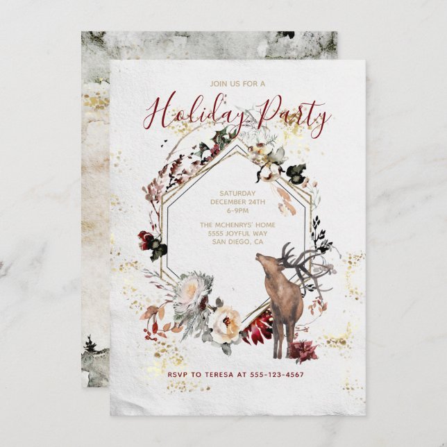 Skogsskogens Hjort Blommigt Julfest Inbjudningar (Fram/baksida)