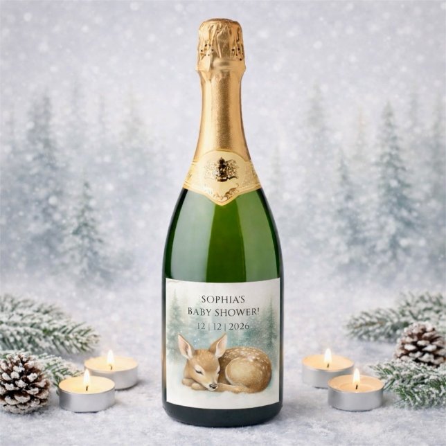 Skogssovande barn hjort vinter baby shower (Woodland Sleeping Baby Deer Winter Baby Shower Sparkling Wine Label)