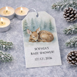 Skogssovande barn hjort vinter baby shower presentetikett