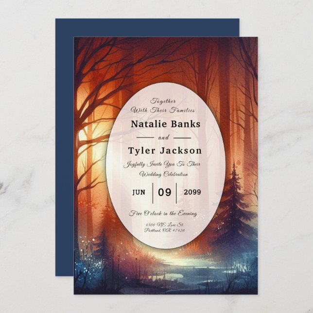 Skogsspellen i Falling Löv Bröllop Inbjudningar (Fram/baksida)