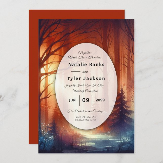 Skogsspellen i Falling Löv Bröllop Inbjudningar (Fram/baksida)