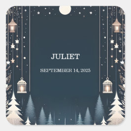 Skogsstjärnor Snö Ljus Vinter Bröllopsdusch Fyrkantigt Klistermärke