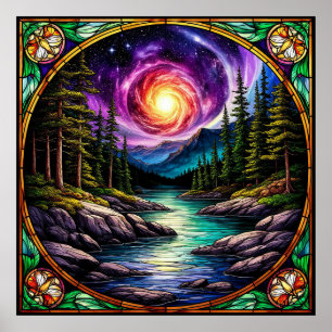 Skogsström under kosmisk natt himmel poster