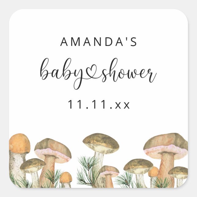 Skogssvamp baby shower fyrkantigt klistermärke (Framsida)
