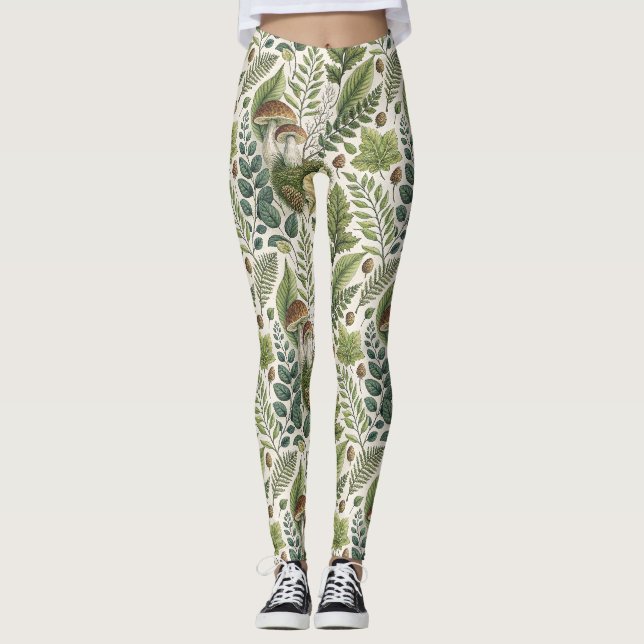 Skogssvampar Pinecones Ferns Autumn Mönster Leggings (Framsida)