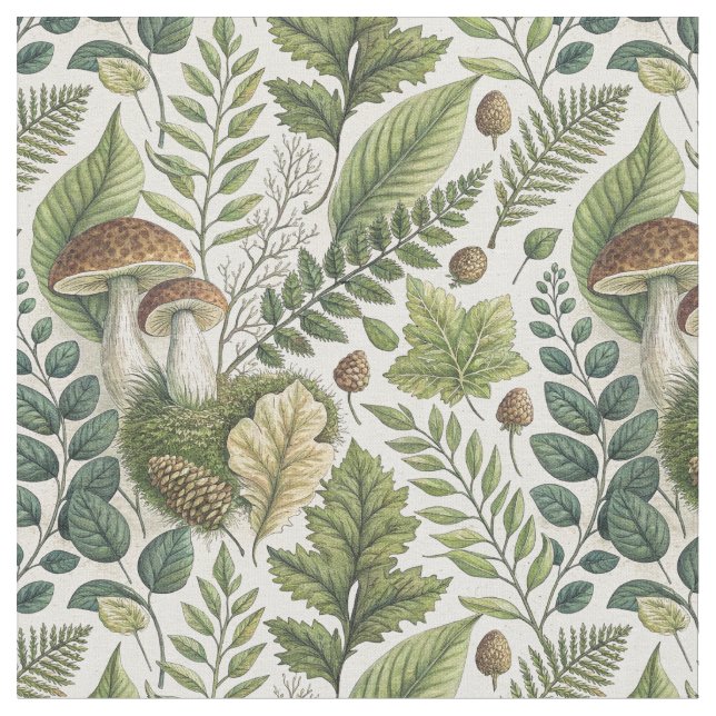 Skogssvampar Pinecones Ferns Autumn Mönster Tyg (Närbild)