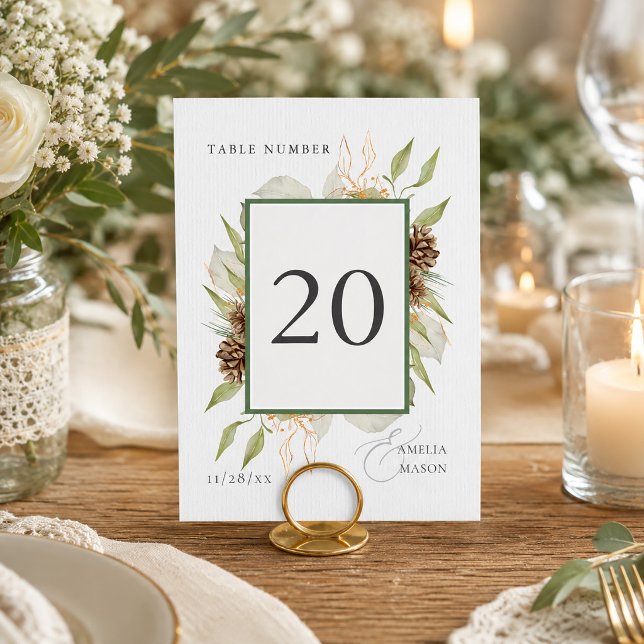 Skogstallrikssiffra med kotte och eukalyptus bordsnummer (Woodland Pinecone Eucalyptus Greenery Table Number)