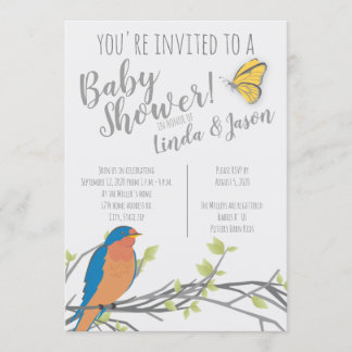 Skogstema Baby Shower med Bluebird & Foliage Inbjudningar