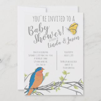 Skogstema Babyshower med blåfågel & lövverk Inbjudningar
