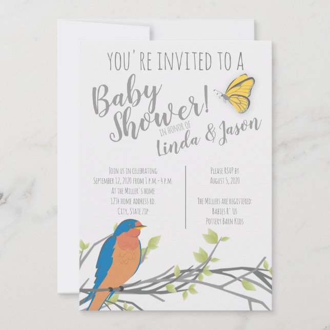 Skogstema  Babyshower med blåfågel & lövverk Inbjudningar (Framsida)