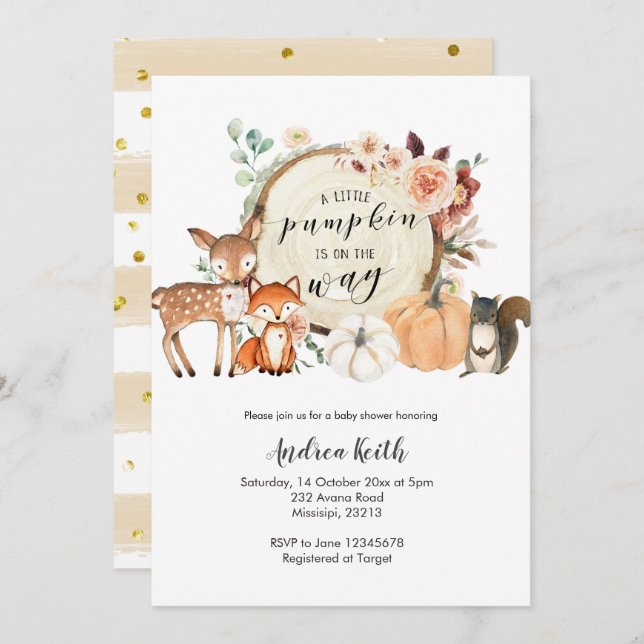 Skogstema höstpumpa bränd orange baby shower inbjudningar (Fram/baksida)