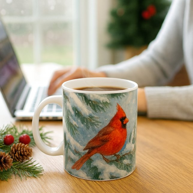 Skogstema jul kardinalfågel mugg (Cardinal Christmas mug—festive, cozy, and perfect for snowy mornings or office gift giving.)