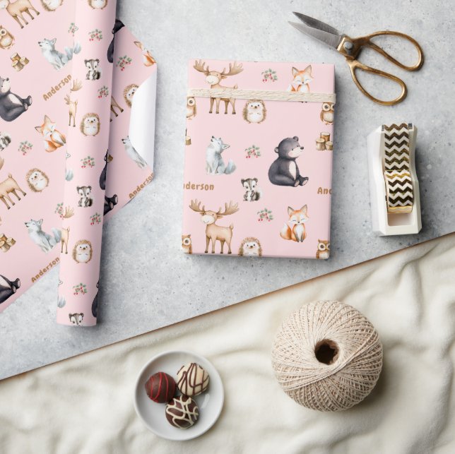 Skogstema Rosa Babyfirande Presentinslagspapper Presentpapper (Hantverk)