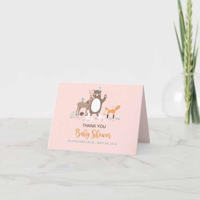 Skogstema Rosa Orange Baby Shower Tacksamhetskort Tack Kort (Framsida)