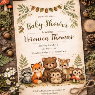 Skogstema Söt Skogsdjur Baby Shower Inbjudningar