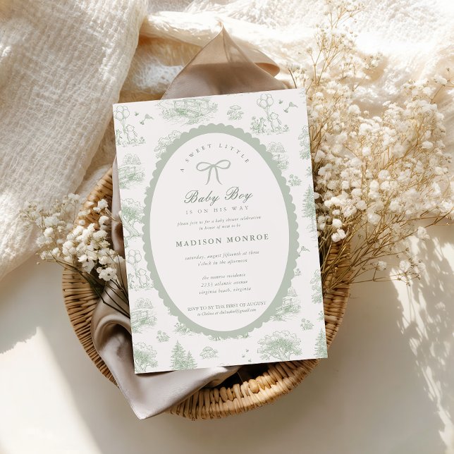 Skogstema Toile Sagobok Babyshower  Inbjudningar (Woodland Toile Sage Green Bow Baby Shower Invitation)