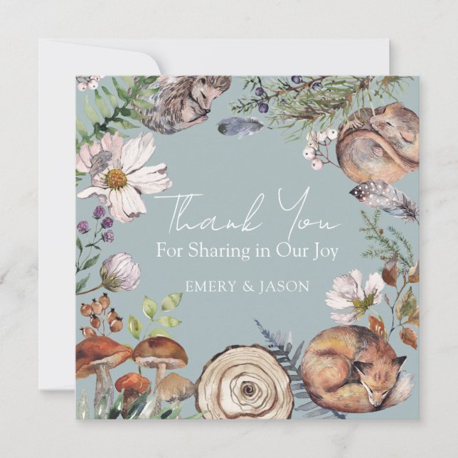 Skogsteman Söta Skogsdjur Blåa Bebis Shower Tack Kort (Framsida)