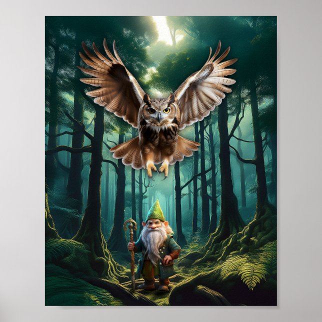 Skogstomte med sin hornugla väktare poster (Framsidan)