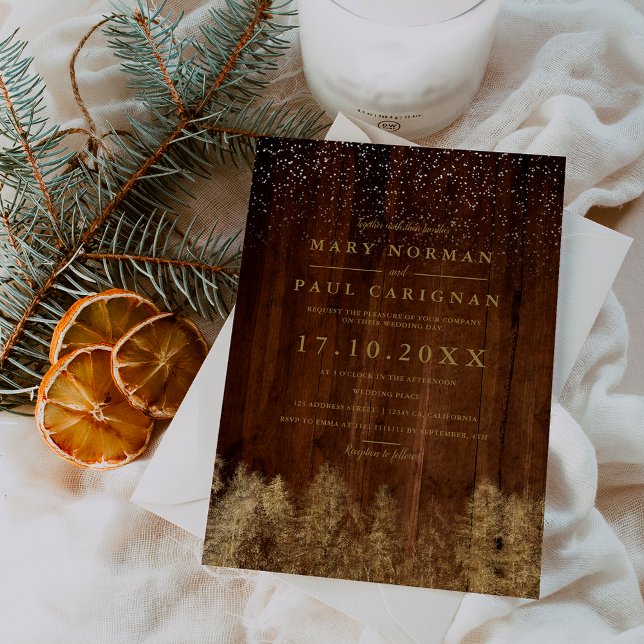 Skogsträ av trä från Winter snö gräs träd bröllop Inbjudningar (Winter snow wood pine trees forest wedding invitation)