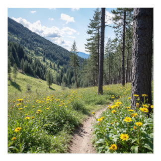 Skogstrafik med Gult Wildblommor Fototryck