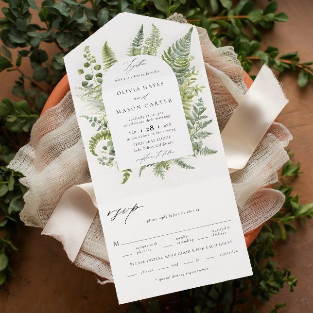 Skogsträtt Stollig Boho Arch Bröllop (enchanted forest wedding invitation botanical boho arch ferns outdoors mountains garden all in one)