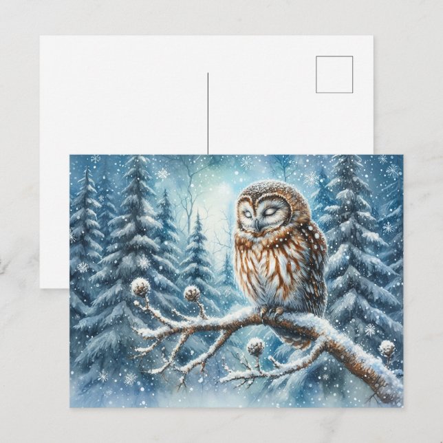 Skogsuggla Fridfull Skog Vinter Vilda Djur Helg Vykort (Fram/baksida)