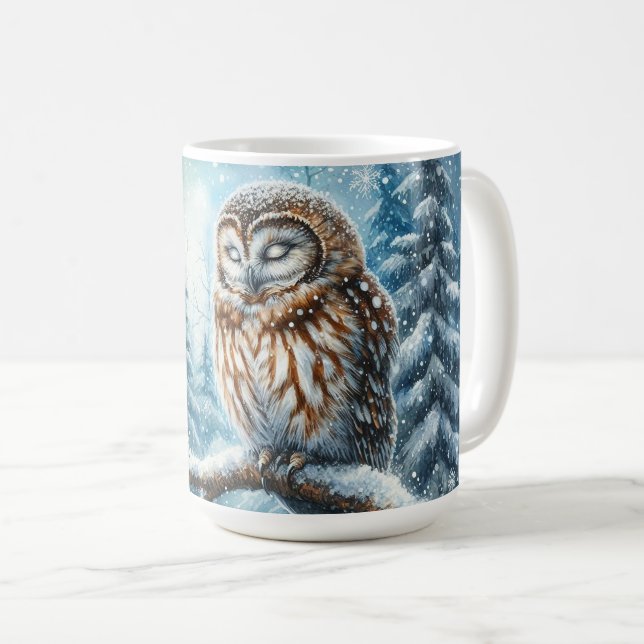 Skogsuggla Fridfull Skog Vinter Vilda Djur Kaffemugg (Framsida höger)